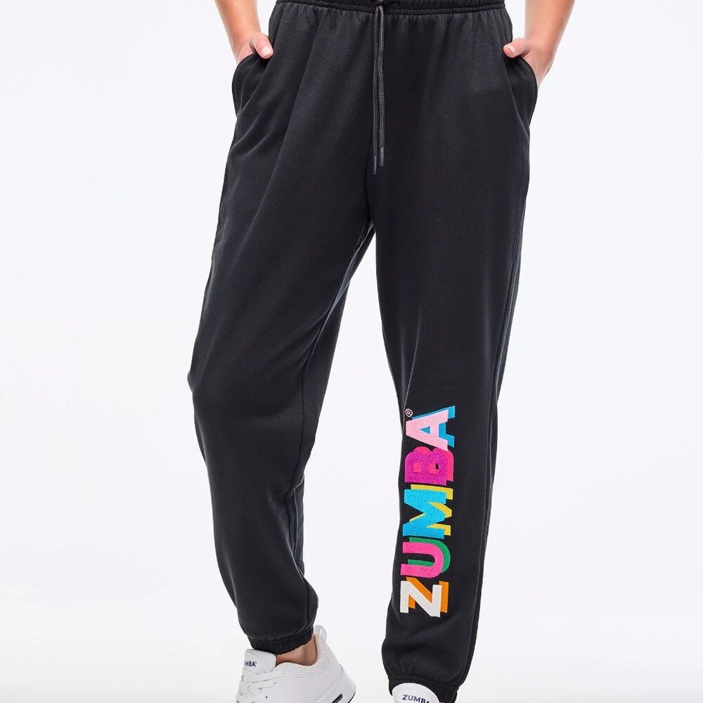 NWT Zumba Multicolor Logo Sweat Pants, Black, XL